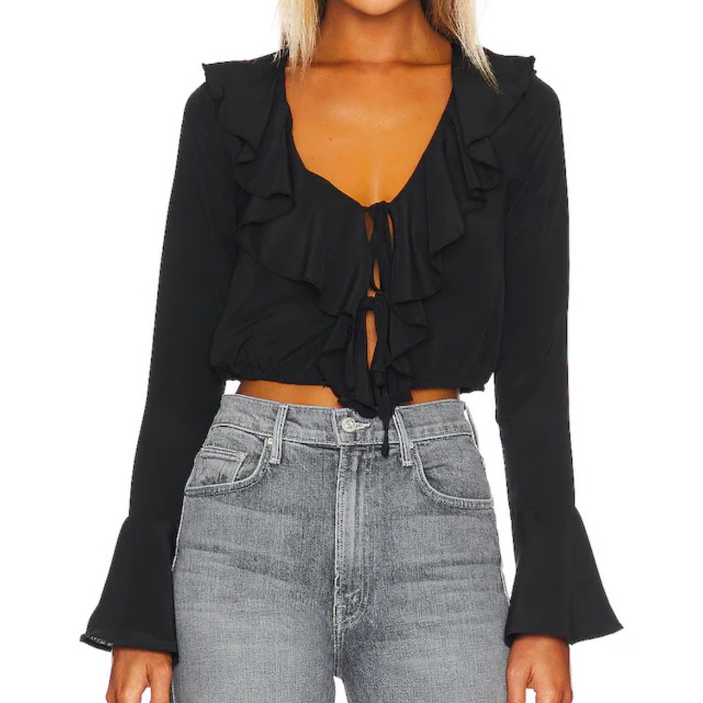 REVOLVE Black Ruffle Tie-Front Long Sleeve Blouse